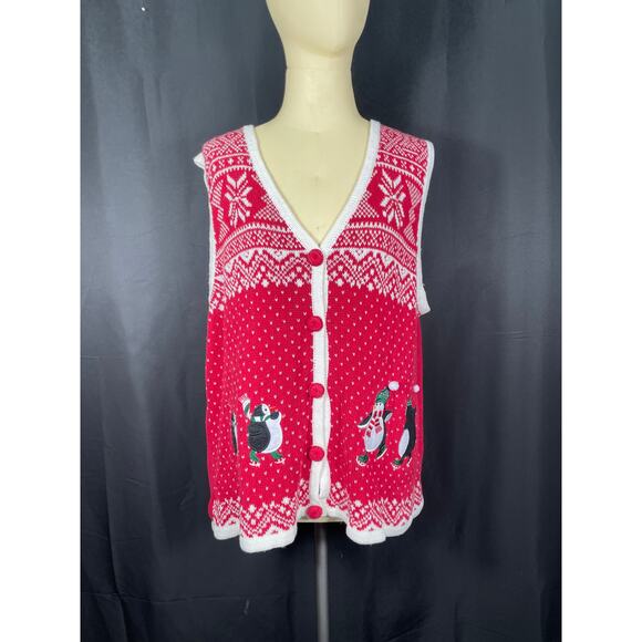 Vintage, Ugly but Cute Red Christmas Vest, Penguins, Button Up, Snowflakes Large - Picture 1 of 7
